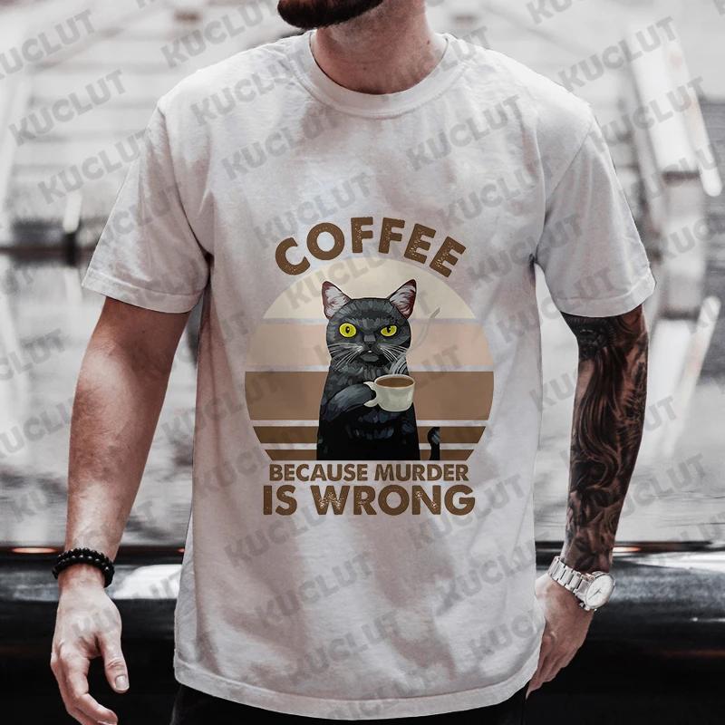 Мужская уличная одежда Cat Lover Funny Coffee Because Murder Print Футболка с коротким рукавом и круглым вырезом Уличная летняя футболка
