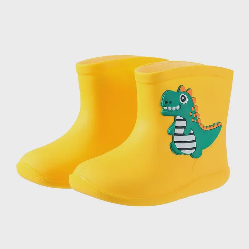 Детские непромокаемые сапоги с мультяшным динозавром, со шнурком, на хлопковой подкладке, для мальчиков и девочек, идеально подходят для детского сада.