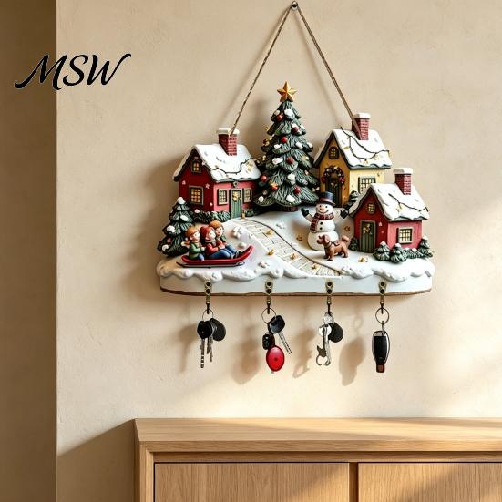 Rustic Winter Town Wall Art Christmas Village Wooden Hanging, Snow House Snowman Plaque, 4 Hook Gift for Home Mount Key Holder, Holiday Ornament,