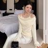 Women's Yellow Floral French Boat Neck One-Shoulder Sweater – Slim Fit Knit Top for Autumn/Winter