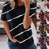 Women's Casual Fashion Short Sleeve Striped Printed Round Neck Pullover T-shirts
