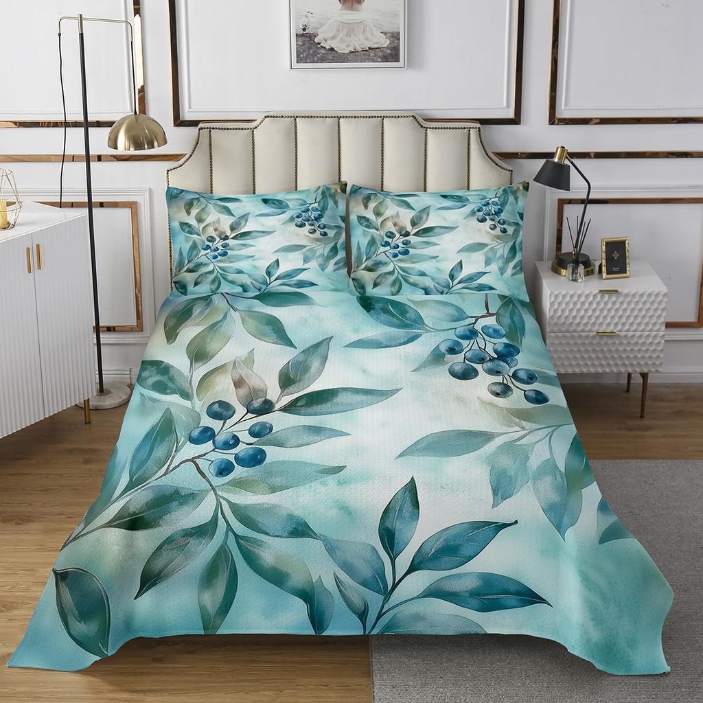 Cartoon Blueberry Bedspread Summer Tropical Fruit Quilted Coverlet Watercolor Botanical Leaves Flower Bedding Set for Teen Adult