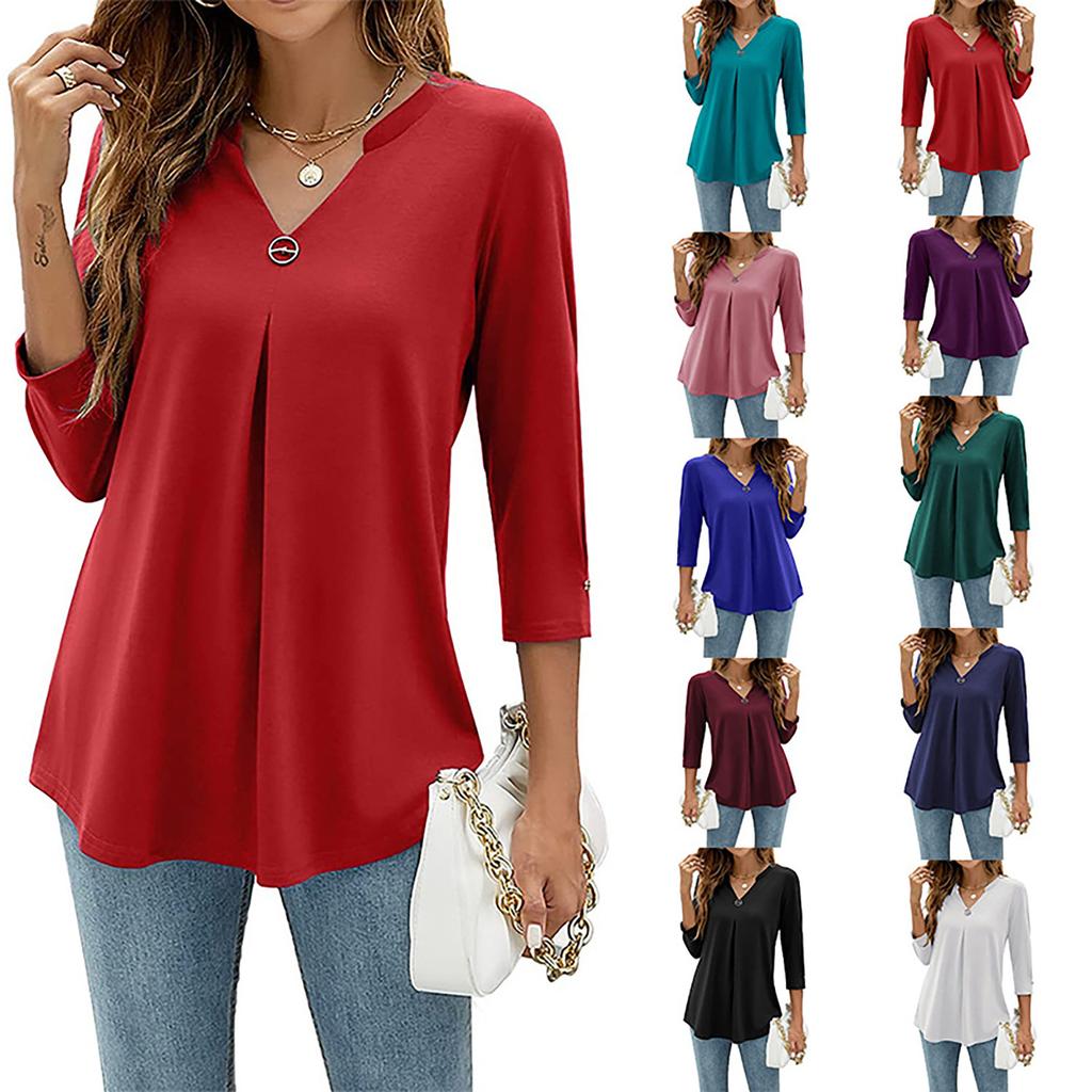 Women's V-Neck Tunic Blouse 3/4 Sleeve Shirts Loose Fit Top with Ring Detail, Casual Dressy Shirt for Work or Daily Wear Blouses Casual Tops S-XXL