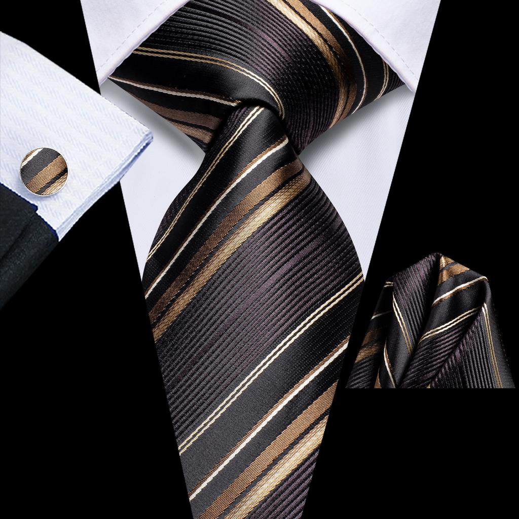 Hi-Tie Dark Gold Plaid Jacquard Mens Silk Tie Classic Necktie Cufflink Hanky Set