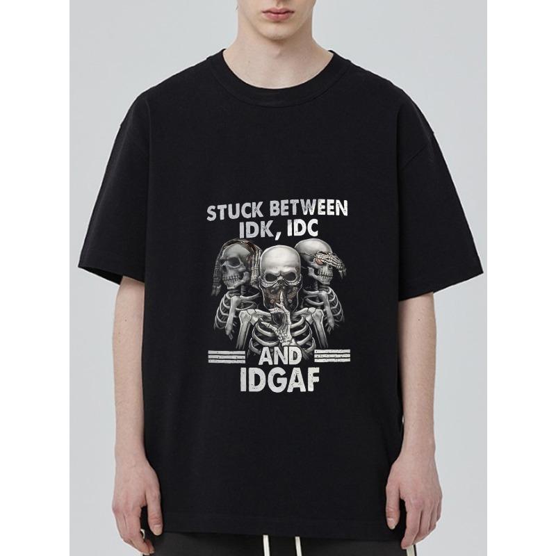 Черная футболка с черепами и текстом Stuck Between Idk Idc and Idgaf Графический дизайн для повседневной одежды, уличной моды