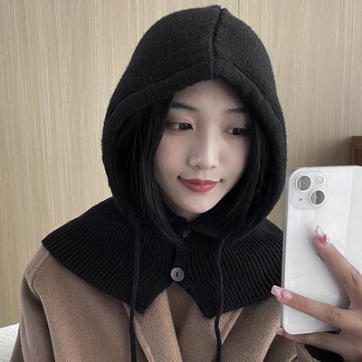 Зимняя шапка-балаклава, теплая вязаная женская шапка с капюшоном, однотонная цельная пуловерная кепка с воротником, уличные кашемировые шапки