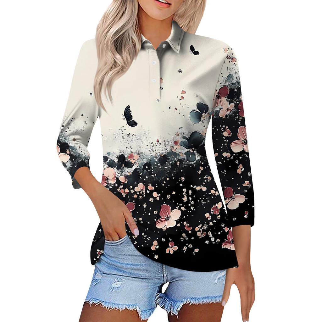 Женская модная повседневная рубашка с короткими рукавами 3/4 с лацканами и принтом, женские топы на пуговицах