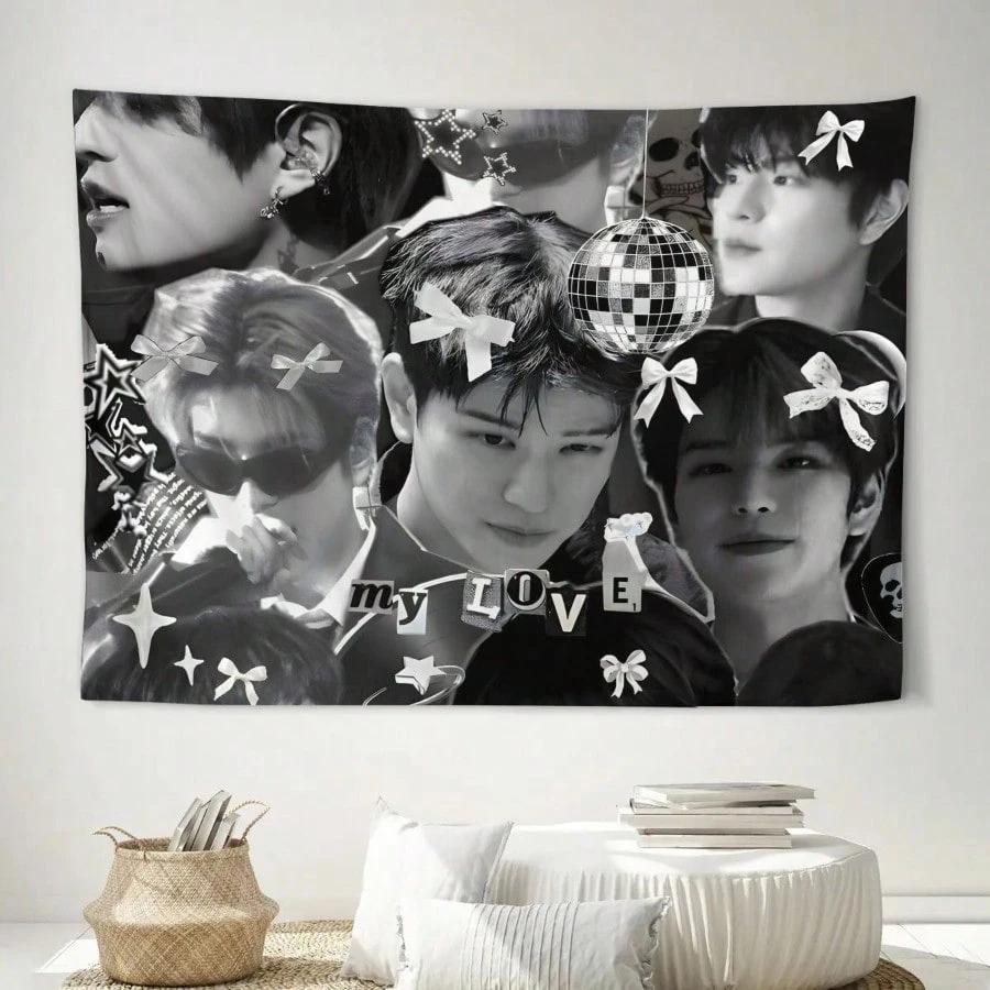 Stray Kids Kim Seungmin Minimalist Wall Hanging Tapestry Black White Kpop Art Bows Stars Soft Fabric for Bedroom Office Camping