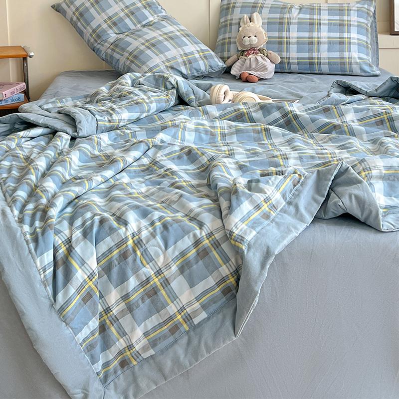 2027 Plaid Summer Cool Quilt Washed Cotton Comfortable Lightweight Air Condition Thin Comforter Simple Feather Blanket for Adults Kid
