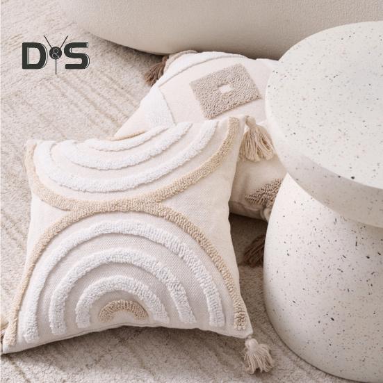 Boho Throw Pillow with Braided Rope Pattern And Tassels Soft Cotton Linen Textured Cushion for Sofa Bed Office