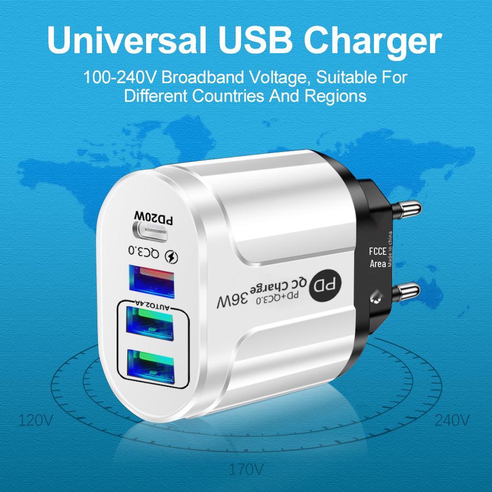 Быстрое USB-зарядное устройство для путешествий (США/Великобритания/ЕС): 20 Вт PD с 3 портами USB