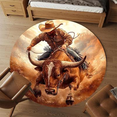 1PC Bull Riding Cowboy Office Round Area Rug, Under Office Chairs Bedroom Living Room Home Decor,Carpet for Office, -1110222