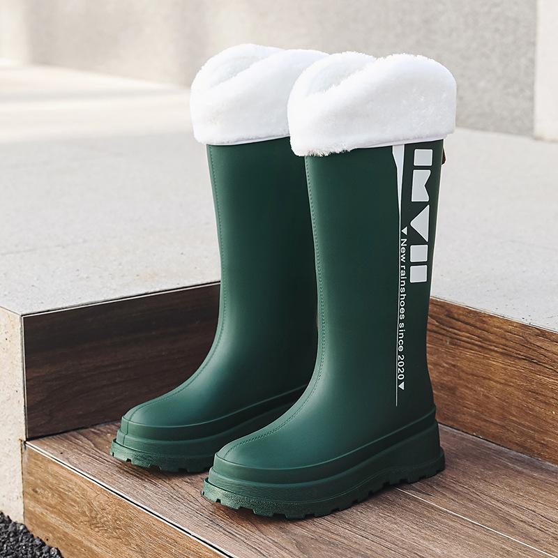 Высокие женские резиновые сапоги модная уличная дождевая обувь женские бархатные терморезиновые сапоги кухонные нескользящие водонепроницаемые ботинки на толстой подошве для воды