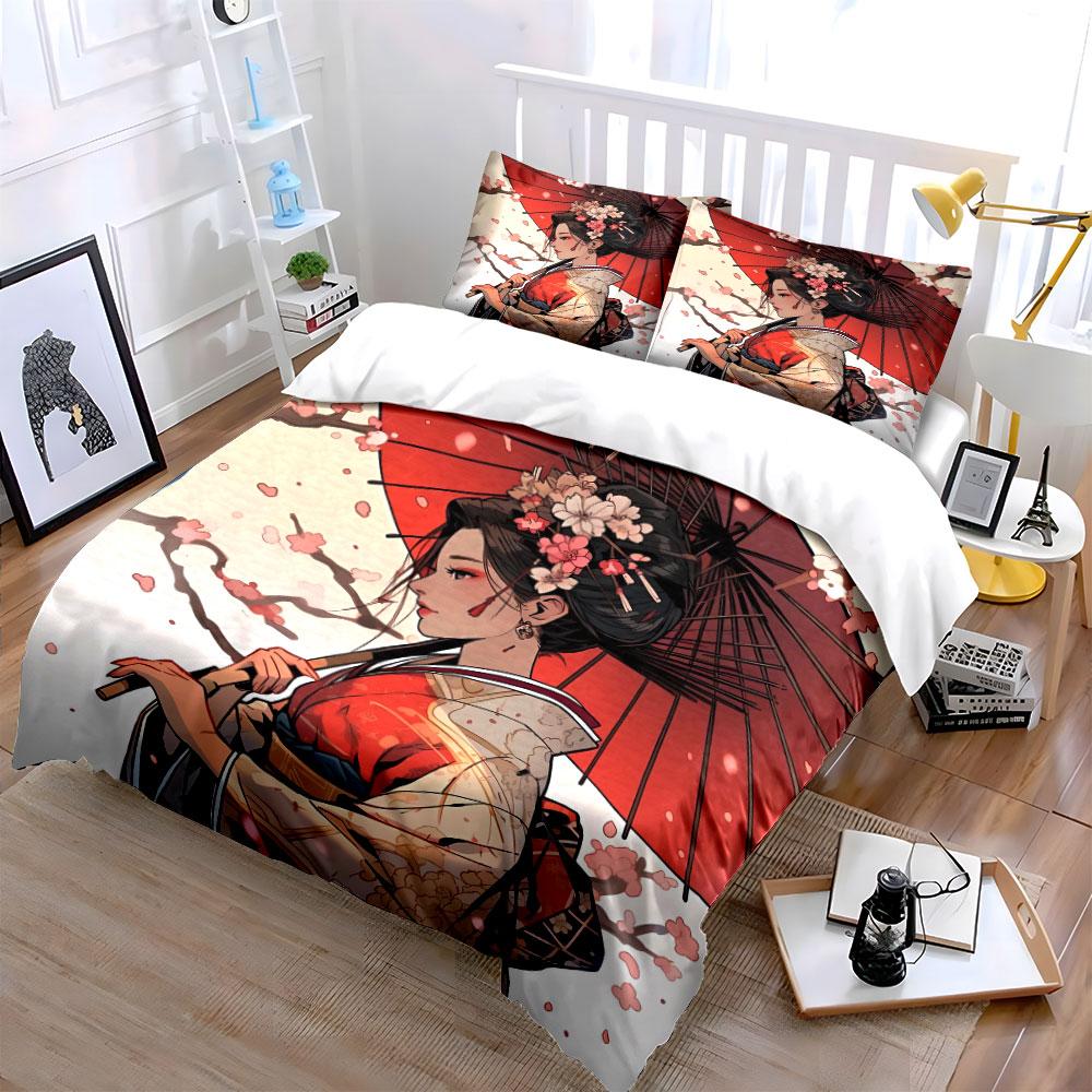 "Japanese Kimono Set Decoration Artwork" Bedding Set with 1 Duvet Cover 2 Pillowcases Single Double King Queen Gift