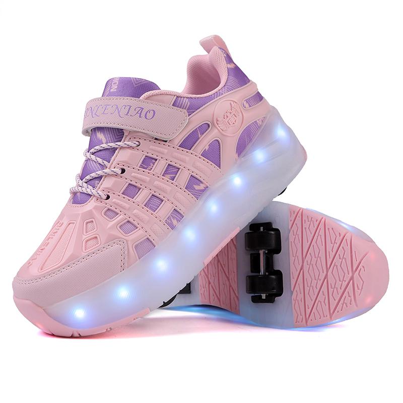 Четырехколесные роликовые коньки, детская спортивная обувь с выдвижными автоматическими колесами, зарядка через USB, светодиодная спортивная обувь