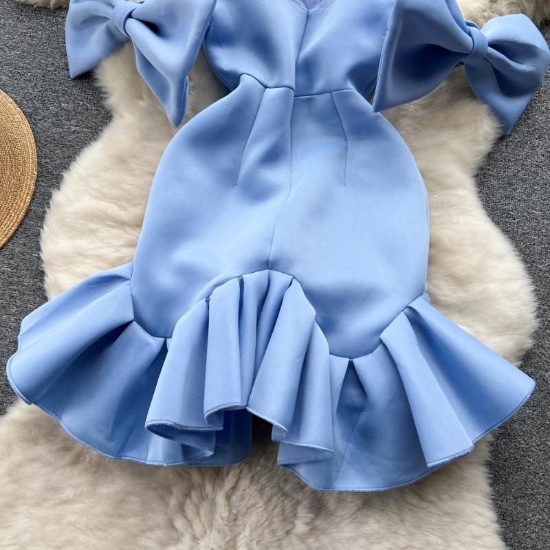 Elegant Rhine Stone Bow Mesh Party Dress Women Blue Chic Short Sleeve Fashion Split Dresses Lady High Waist Basic Trumpet Hip Wrap Dress 2024