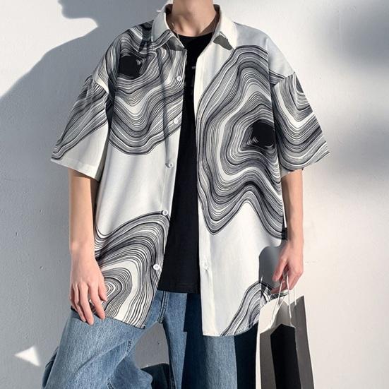 Летняя мужская рубашка в стиле ретро с абстрактным принтом и половиной рукавов в стиле хип-хоп, свободный контрастный цвет, однобортный отложной воротник, быстросохнущий мягкий дышащий топ