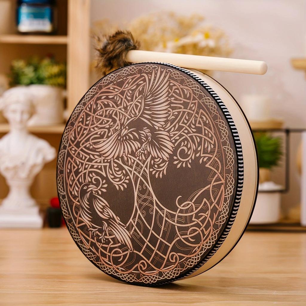 Decorative Hand Drum with Drumstick, Patterned Percussion Drum for Holiday Scene Decor