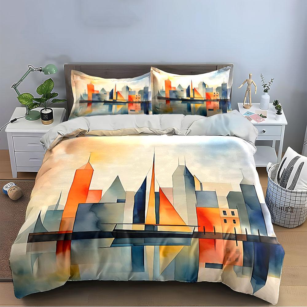 Abstract Sailboat Cityscape Bedding Duvet Cover Set Duvet Cover Pillowcases (1*Duvet Cover 2*Pillowcases, without duvet insert)