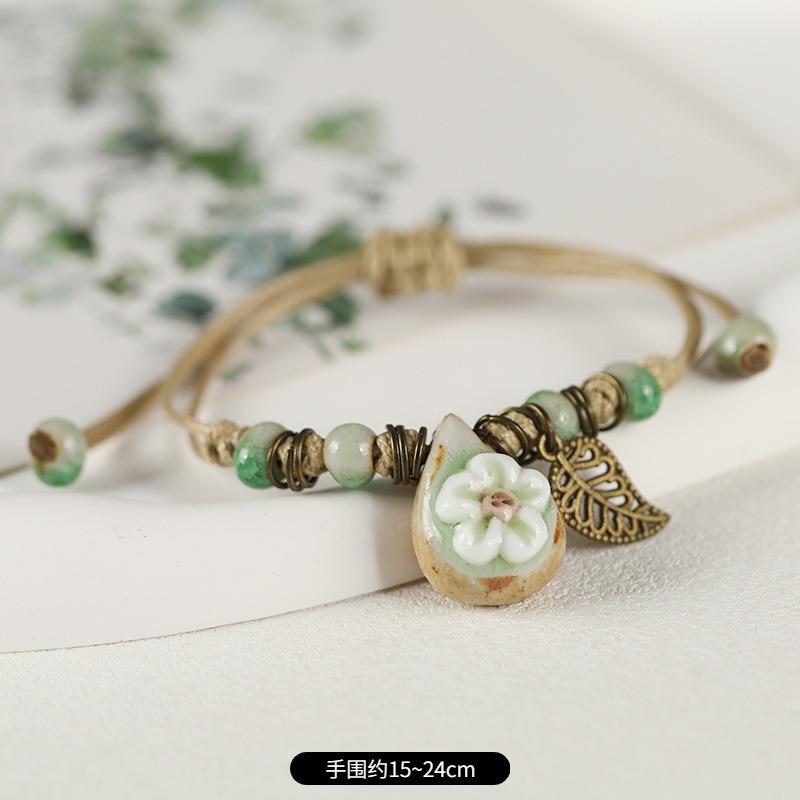 Retro Ceramic Flower Woven Bracelet Niche Literary Hand Rope Small Fresh Bell Bracelet Female