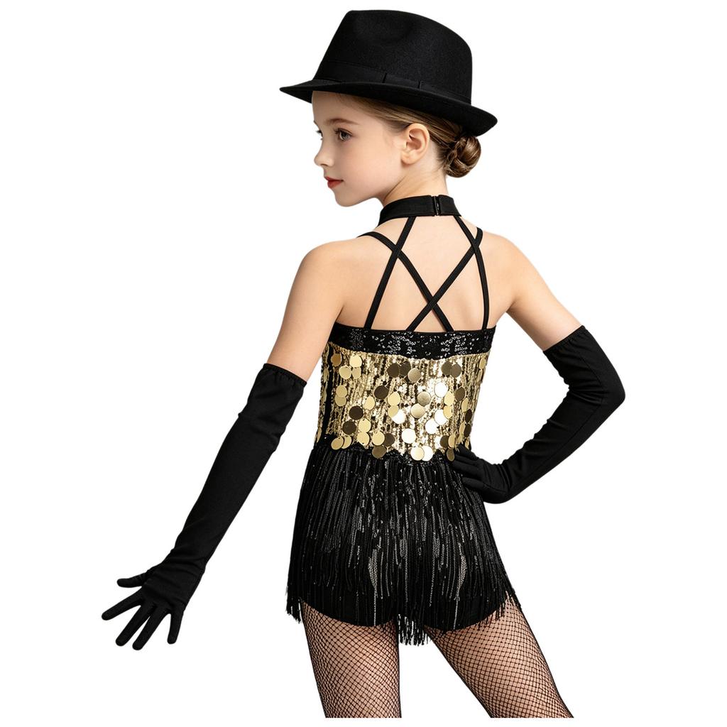 Girls Tassels Latin Dance Dress Halter Sleeveless Strappy Sparkling Sequins Fringed Dress Stage Gloves