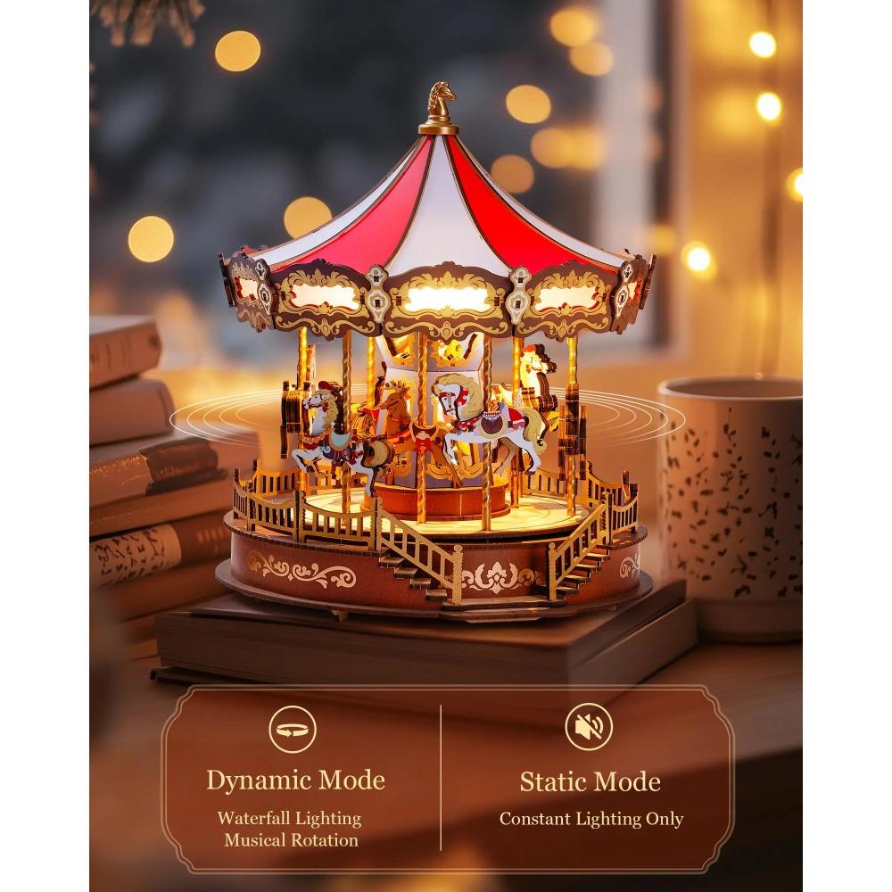 Rolife Classic Carousel Music Boxes Easy Assemble 3D Wooden Puzzle Moveable Design with Light Xmas Gifts for Family