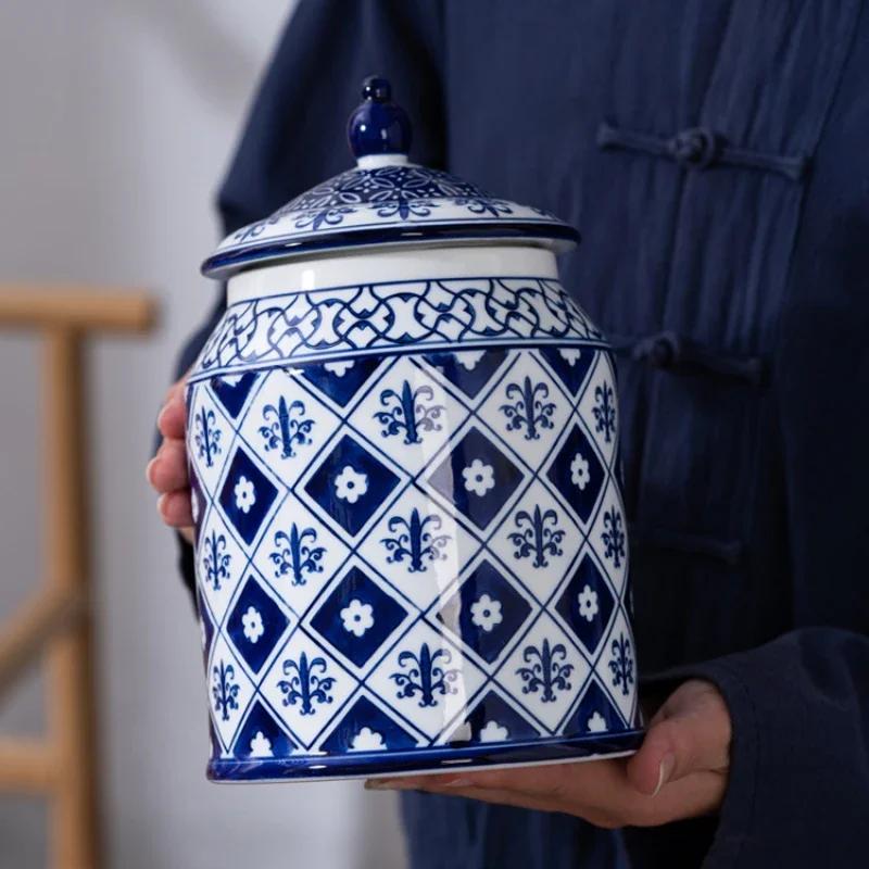 Восьмиугольная сине-белая фарфоровая банка из Цзиндэчжэня Керамическая емкость для хранения чая и закусок Элегантное украшение Домашняя кухонная утварь