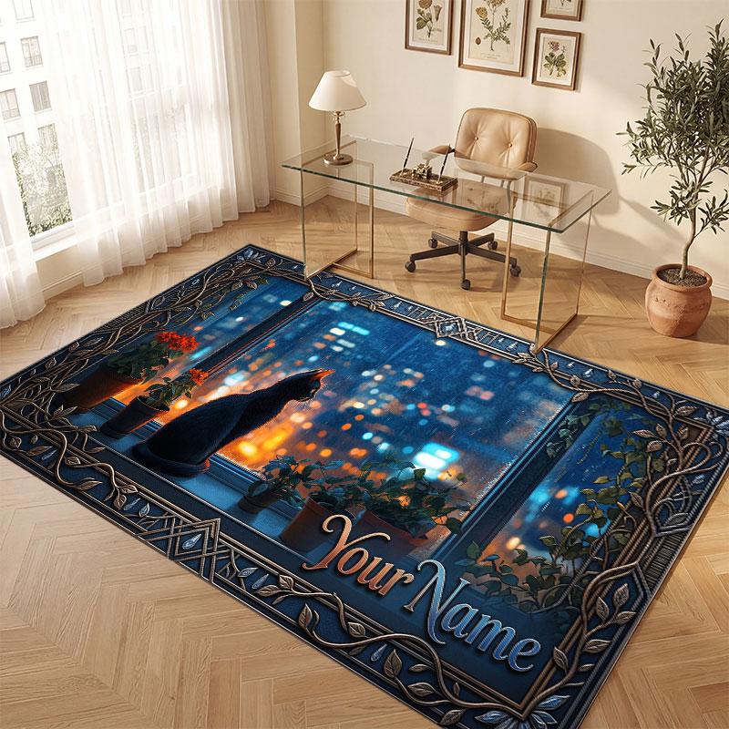 Cat Theme Crystal Velvet Floor Rug Personalized Custom Name Text Warm Carpet Home Decoration