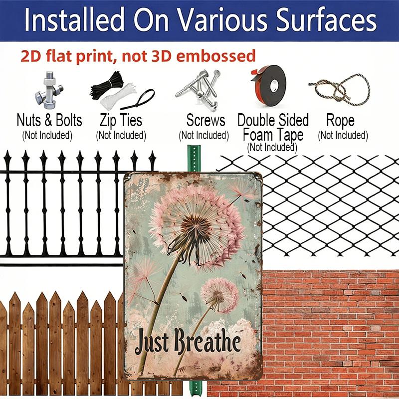 2D Flat Motivational Pink Dandelion Metal Wall Art, Wishing Dandelion Aluminum Sign, 12x8 Inch, "just Breathe" Dandelion Wish Sign, Ideal for Indoor