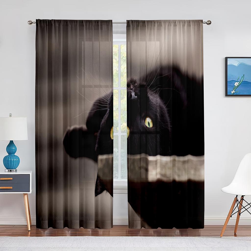 Черная кошка, большие глаза, животные, серые тюлевые шторы для гостиной, украшения спальни, прозрачная шифоновая прозрачная вуаль, оконная занавеска