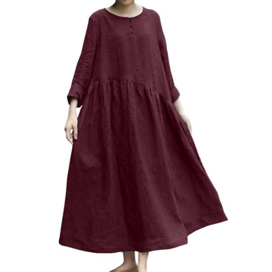 Женское хлопковое льняное платье макси с длинными рукавами, застежкой на пуговицы, круглым вырезом, длинным платьем с карманами, свободного покроя, свободного покроя, пляжный сарафан большого размера