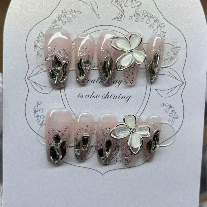 100% HANDMADE Long Trapezoid Fake Nails Art Ice-penetrating Sparkling Rotating Butterfly with a High-end Feel Nails Reusable Fake Nails