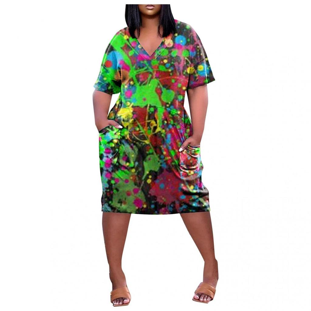 Women's Summer Plus Size V-Neck Short Sleeve Knee Pocket Printed Casual Dress