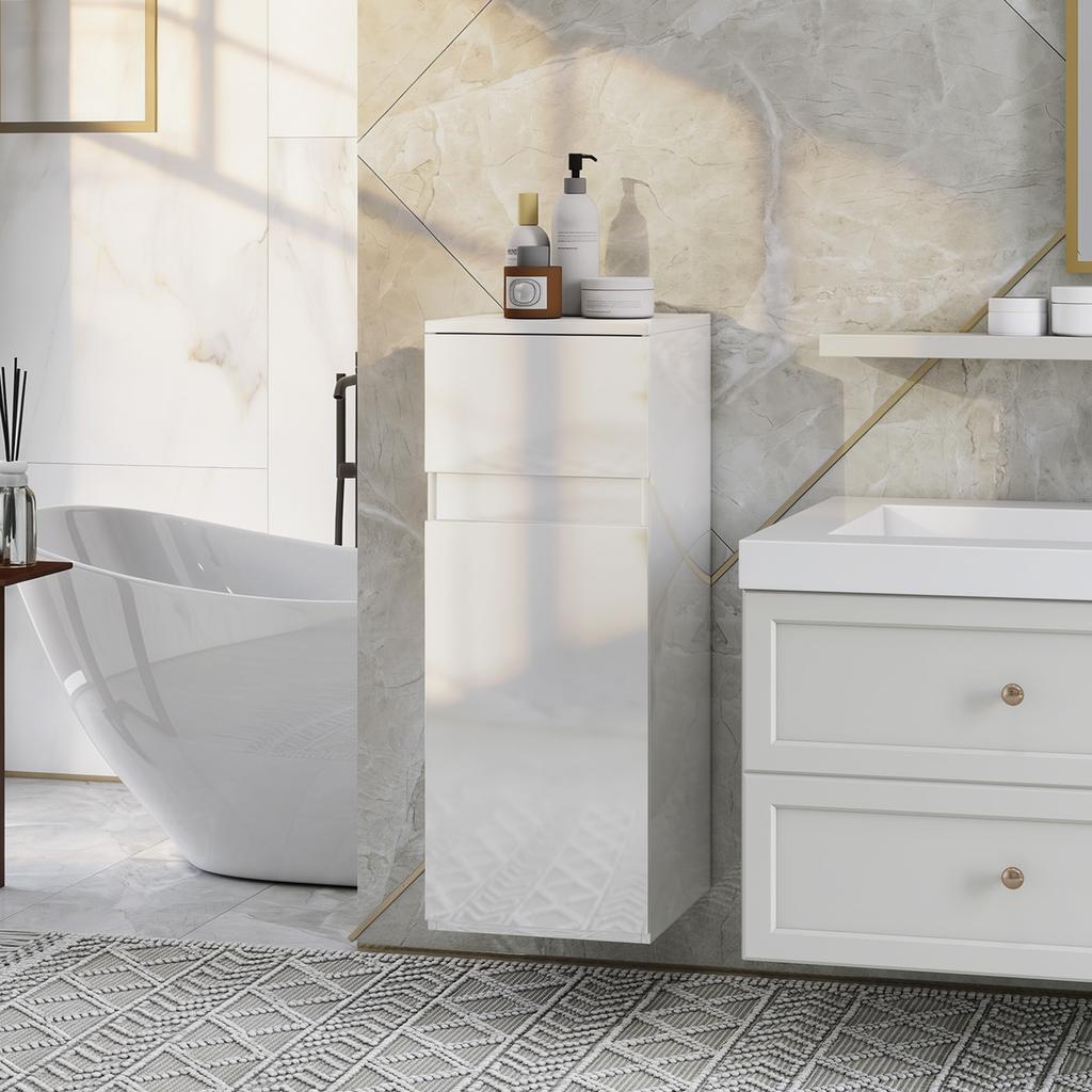 Wall-Mounted Bathroom Cabinet with Drawer, Glossy Door and Adjustable Glass Shelf, White