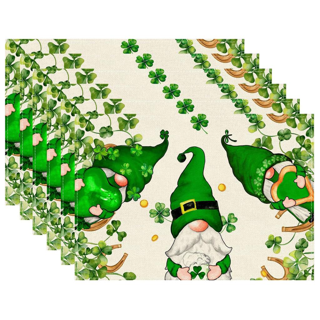 4/6pcs Gnomes Green Shamrocks Clovers Horseshoes St. Patrick's Day Placemats for Party Home Kitchen Dining Table Decorations 12x18 Inch