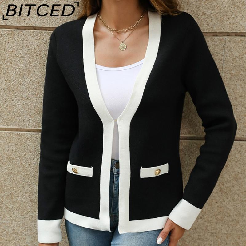 BITCED Premium Jacket Autumn Casual Colour-Block V-Neck Knitted Cardigan