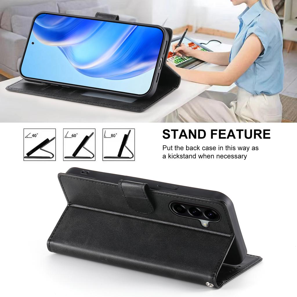 For Samsung Galaxy A56 5G Case Stand Wallet Calf Texture PU Leather Flip Phone Cover with Wrist Strap