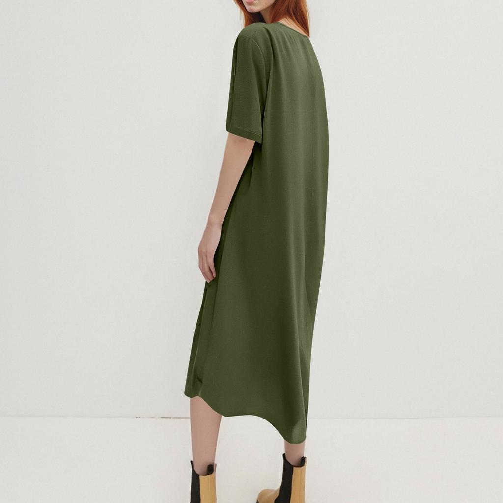 Женское модное платье из хлопка и льна, однотонное, свободное, с круглым вырезом и коротким рукавом