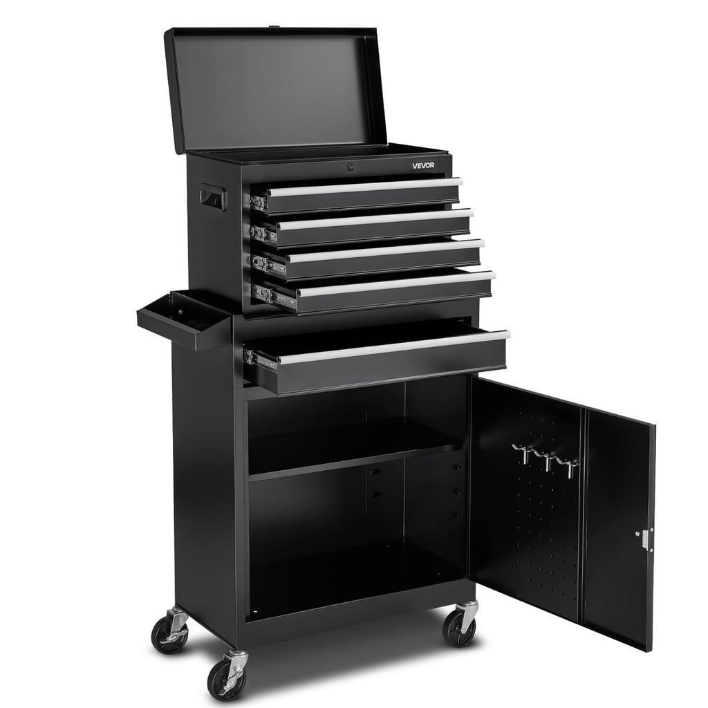 Rolling Tool Chest, 2-in-1 Design, 5 Drawers Tool Cabinet Organizer with Detachable Top Metal Toolbox, Lock Bar, Protective Liner, and Tools Rack,