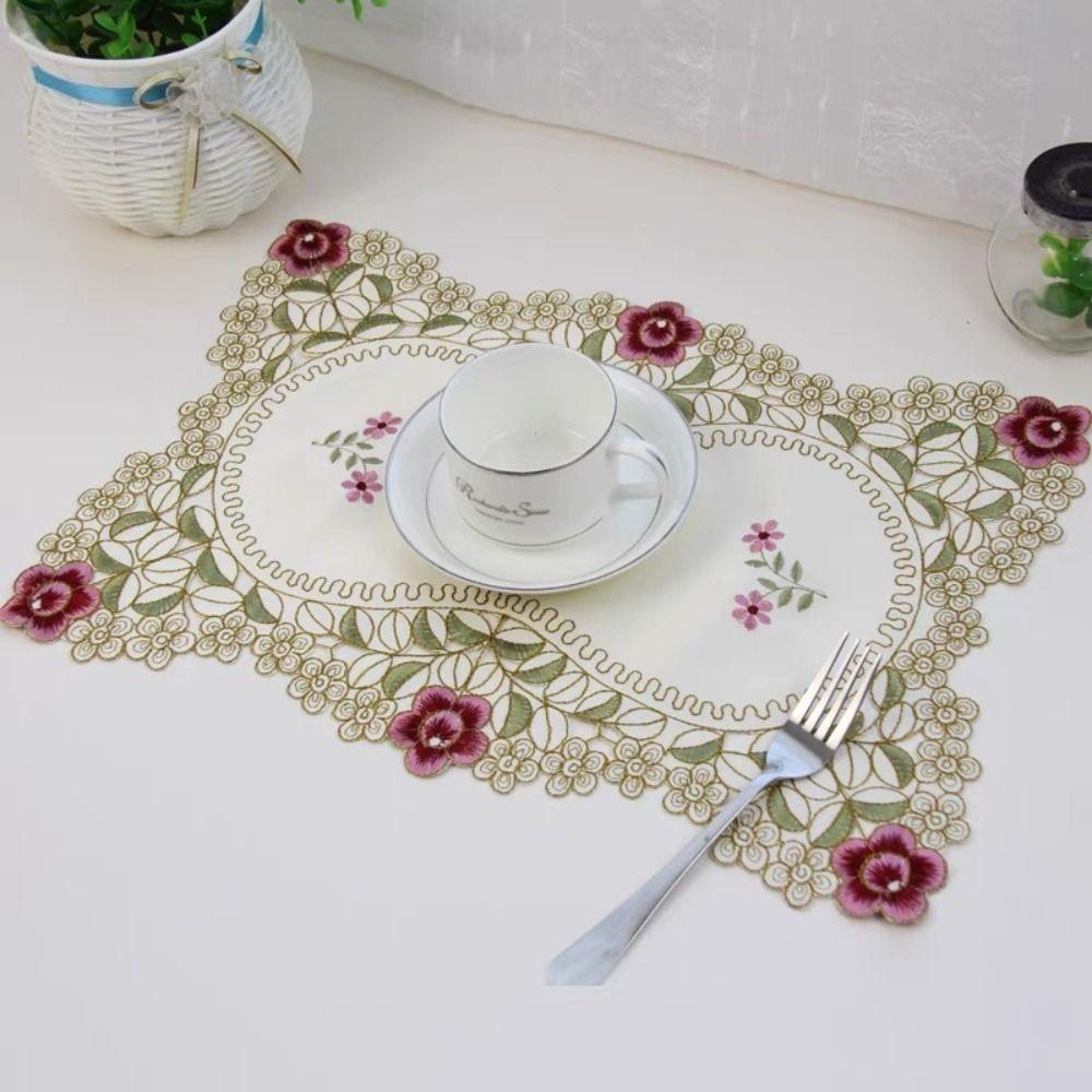 Non-Slip Embroidered Lace Fabric Placemat Vintage Floral Tableware Outdoor Picnic