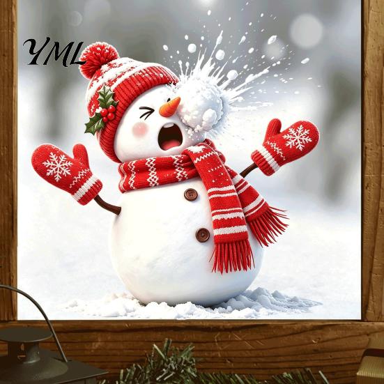 Snowball Fight Theme Stickers Christmas Snowman Static Window Cling, Funny Sticker, Reusable PVC Snowflake Xmas Glass Decal for Home Shop Holiday