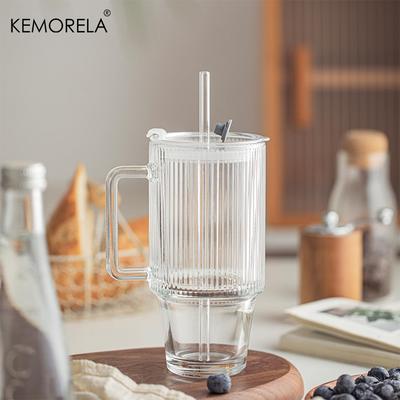 KEMORELA 700 мл Стеклянная кофейная кружка в полоску с крышкой, соломинкой и ручкой Прозрачные стаканы для питья для мангового сока Кружки для холодного кофе