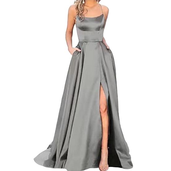 Женское вечернее платье с бретелькой на шее и открытыми плечами, атласное с высоким разрезом, без рукавов, с открытой спиной, длиной до пола, с перекрестными задними карманами, бальное платье для выпускного, свадьбы, вечеринки, невесты