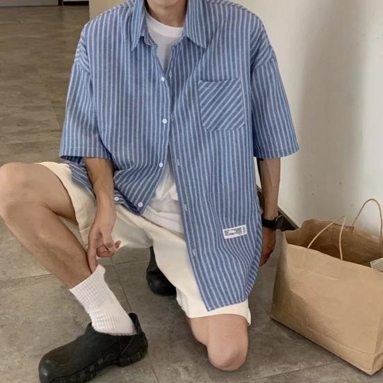Летняя мужская рубашка с застежкой на пуговицы и воротником-лацканами в полоску, кардиган с короткими рукавами, свободный кардиган средней длины, повседневная одежда для офиса и бизнеса, топ