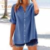 Женская рубашка с V-образным вырезом, коротким рукавом, пуговицами, планкой, рубашка, топы, однотонная, свободного кроя, повседневная блузка, повседневная одежда