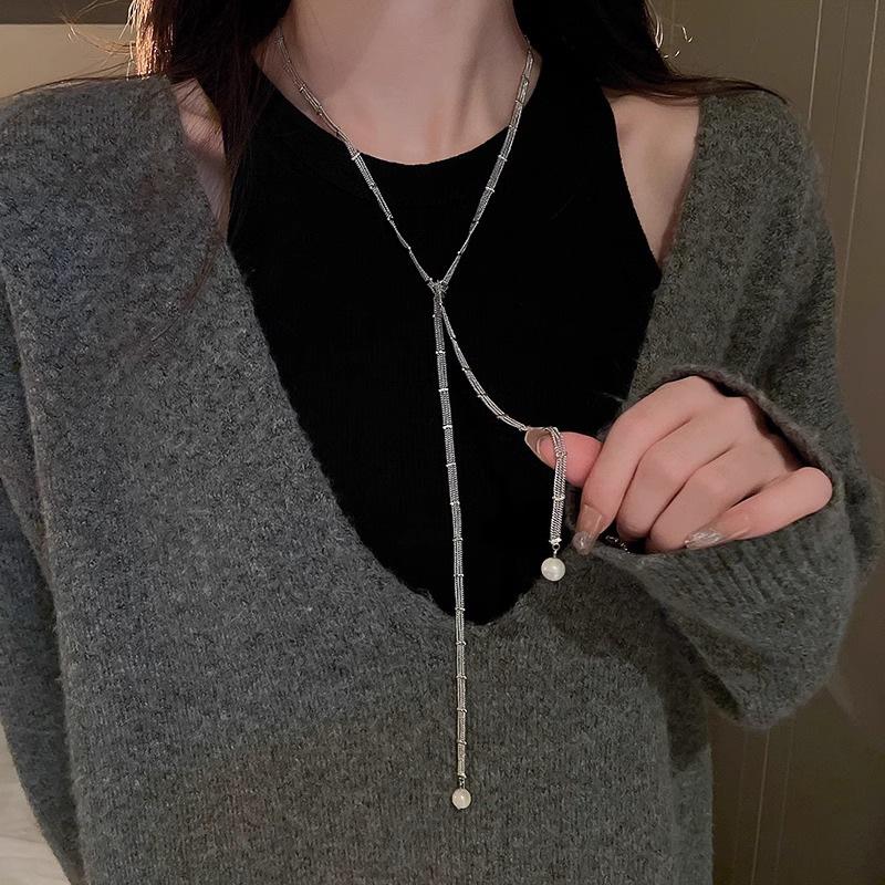 Minimalist Women's Pearl Necklace, S925 Sterling Silver, Adjustable Long Sweater Chain