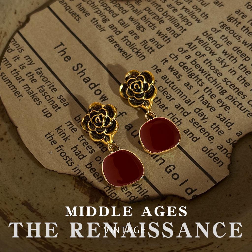 Vintage Burgundy Red Enamel Drop Earrings - Retro French Style Studs