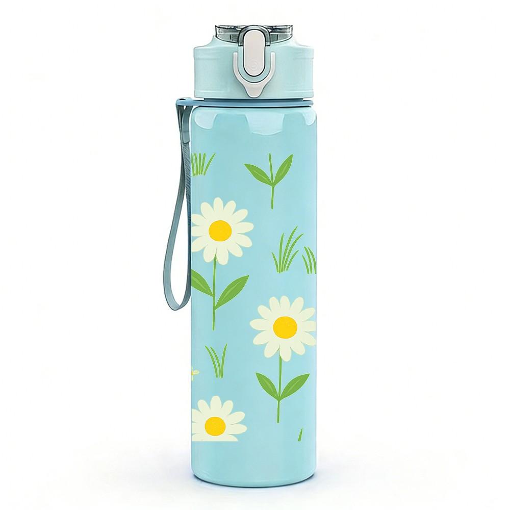 1PC Simple White Daisy Flower Group Print 750ml Color Plastic Sports Water Bottle Leakproof Flip Straw Lid Suitable for Sports Office Home Use