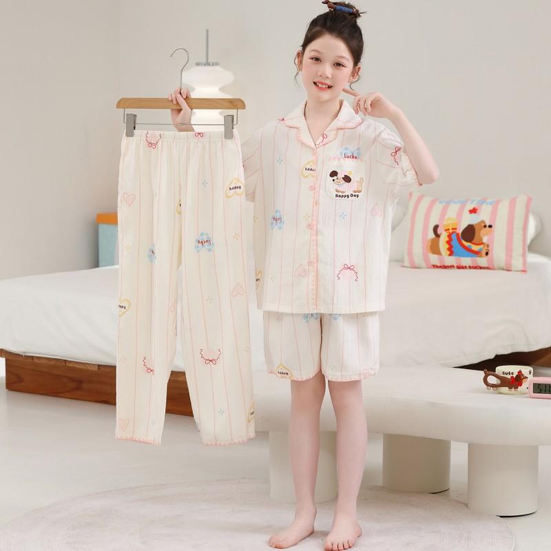 Kids 3-Piece Cotton Pajama Set Short Sleeve Shorts Pants Cartoon Print Sleepwear Boys Girls