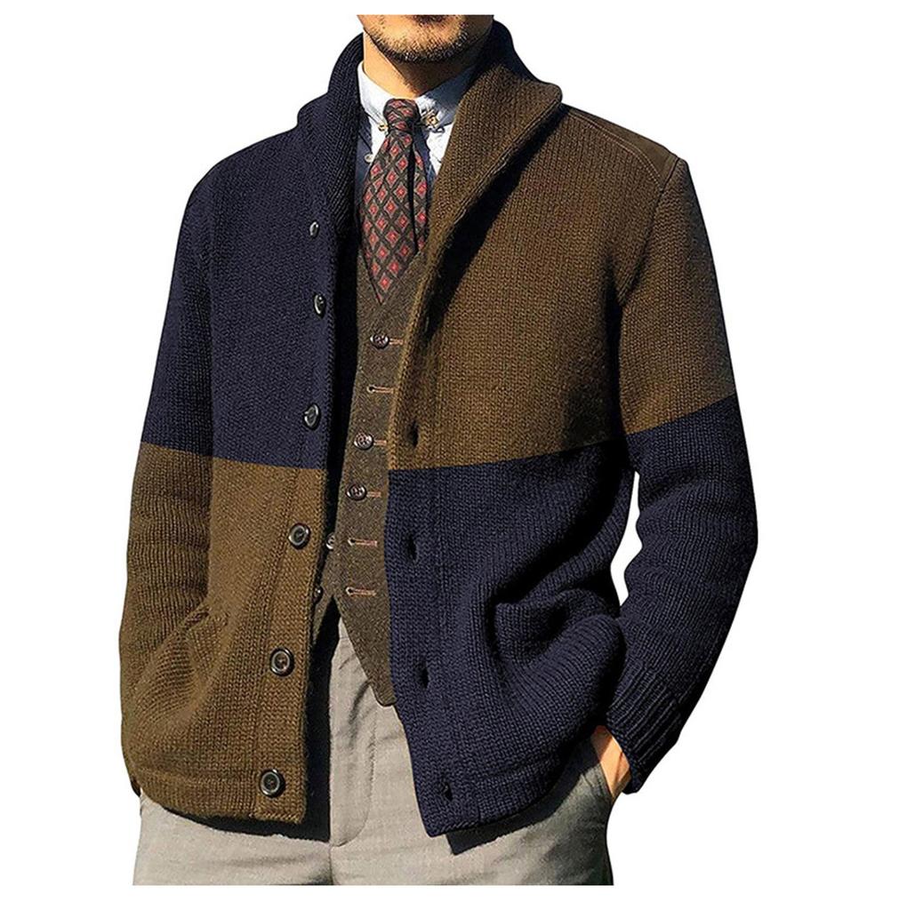 Кардиганы, свитера для мужчин, повседневная шаль с длинным рукавом, цветные блоки, трикотажные свитера на пуговицах